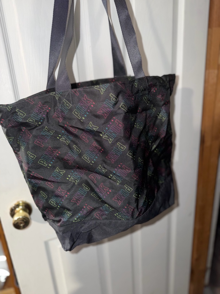 Pink Victorias Secret Black Tote With Multicolor Logo Print